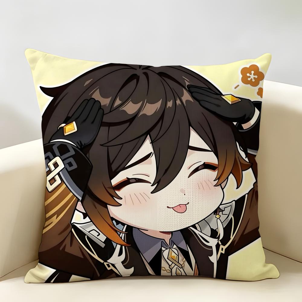 Zhongli Cute Genshin Impact Cushion Cover Natural Linen Organic Fabric DoubleSided Printing Room Sofa Decor Pillow Case