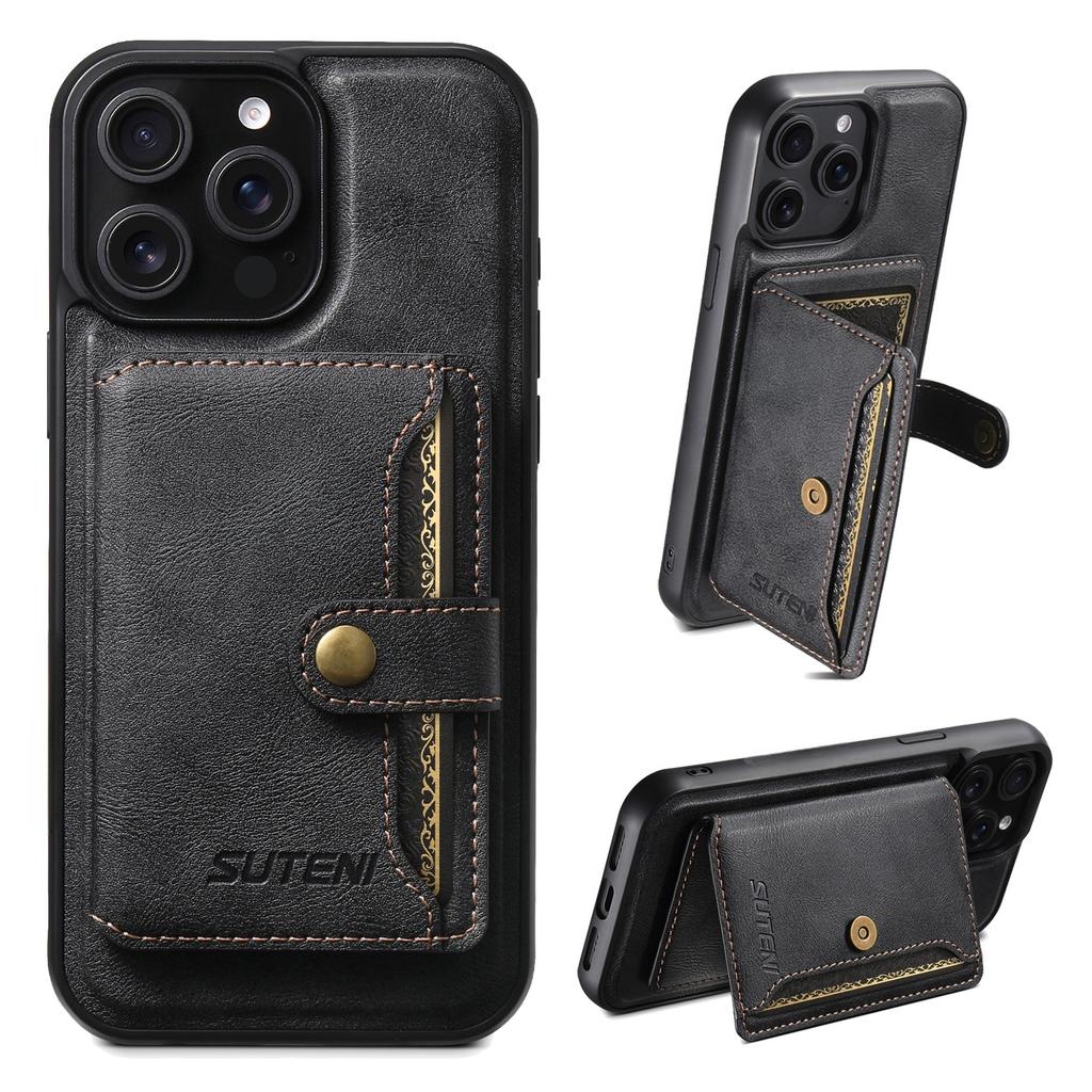 SUTENI M4 For iPhone 13 Pro Magnetic Case with Card Holder Cowhide Texture Leather Back Cover