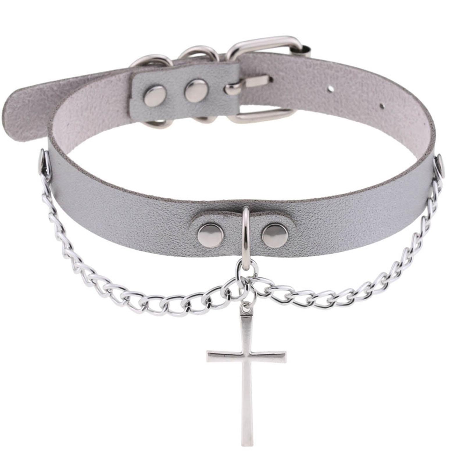 Gothic Punk Leather Choker Collar Necklace Metal Chain Cross Pendant Choker Necklace Pendientes Party Clubwear Jewelry серебряный