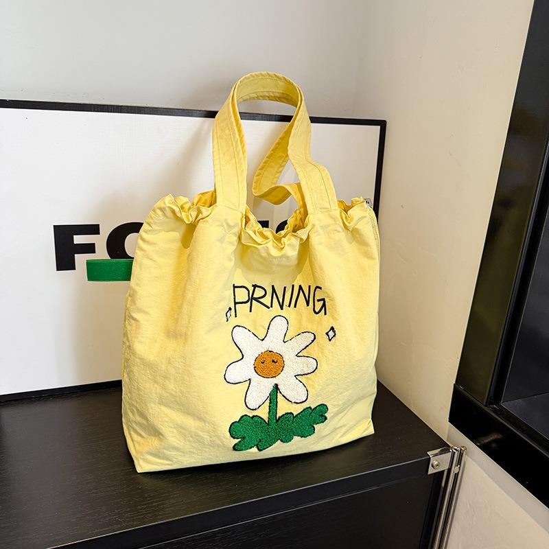 New trend drawstring tote bag lazy wind large capacity women's shoulder bag cartoon literary work commuter tote bag