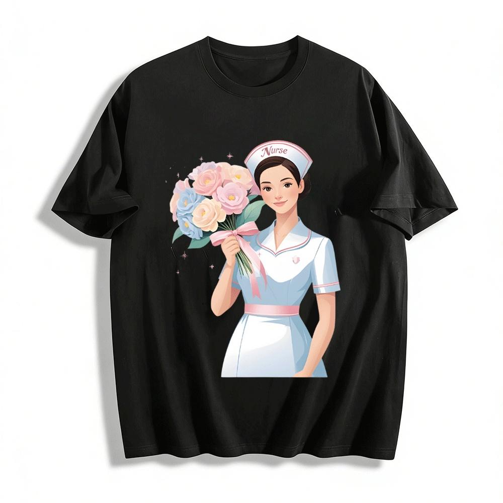 

Gentle Nurse With Bouquet Print Casual Daily Short Sleeve Top Pure cotton T-shirt XXS