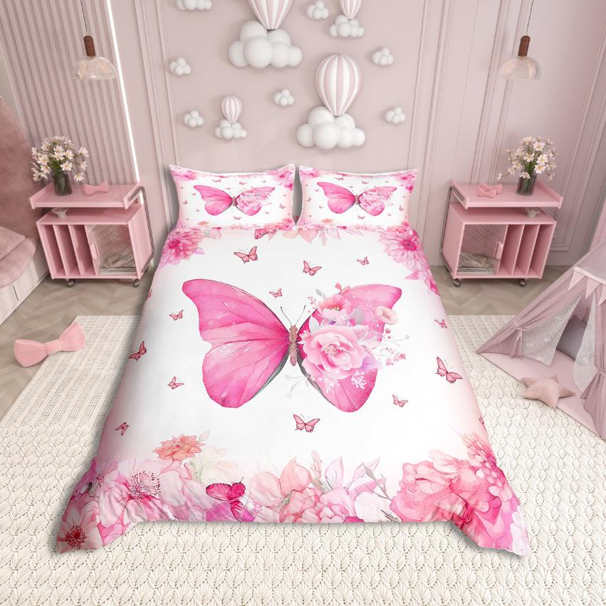 Homewish Kawaii Butterfly Duvet Cover Set,Girls Pink Comforter Cover Set,Fairy Tale Theme Bed Set For Girls Teens