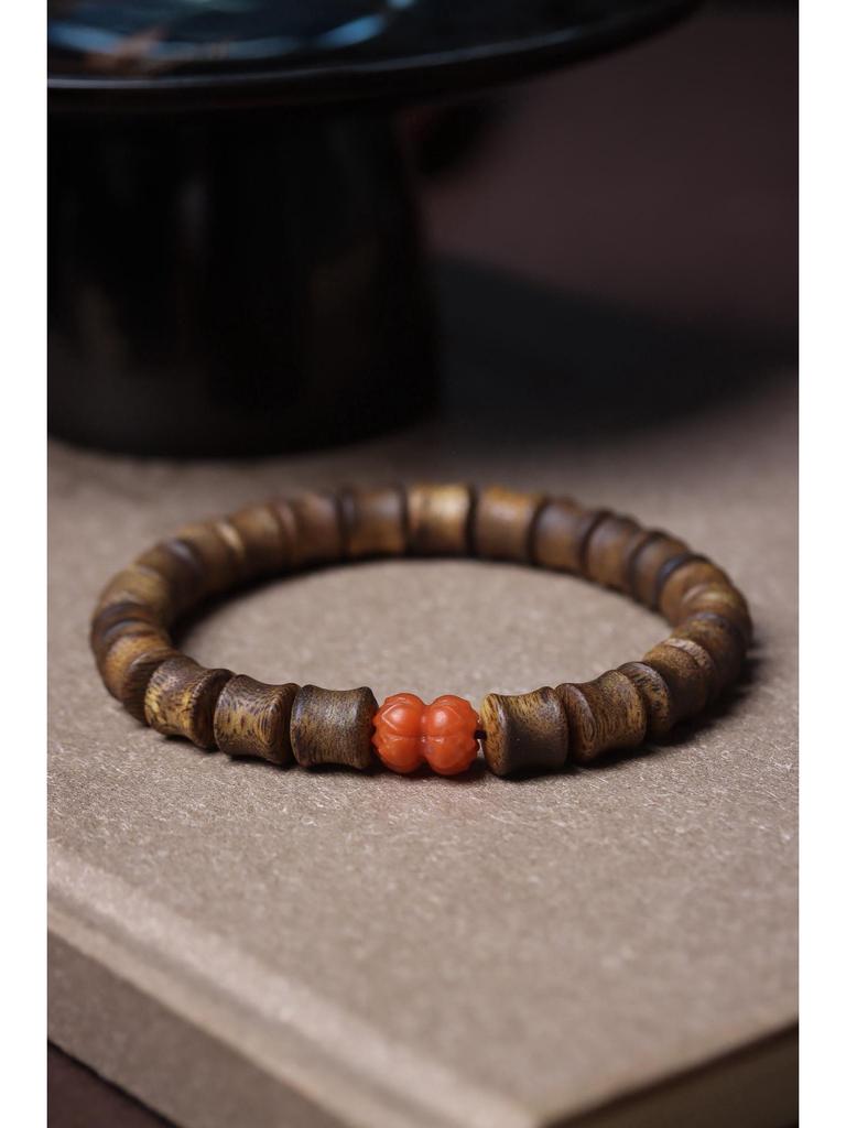 Hainan Green Qinan Agarwood Bamboo Joint & Lotus Bead Bracelet, 0.7 DIY, Unisex Prayer Beads