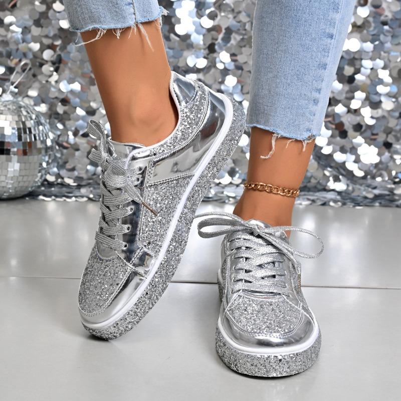 

Spring and autumn casual flat couple s sequined shallow mouth lace-up board shoes 4 large size casual women s shoes 43