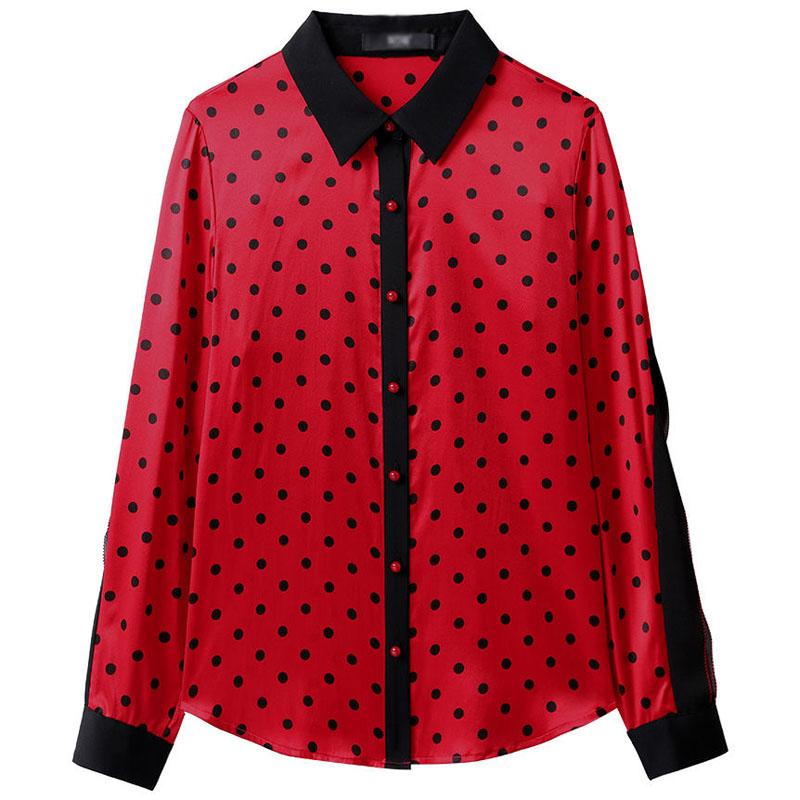 Office Lady Polo-Neck Vintage Polka Dot Shirt Spring Commute Female Button Long Sleeve Spliced Blouse Stylish Women's Clothing