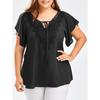 Lace V Neck Loose Women Blouse Large Size Lace-up Short Sleeve Shirts Ladies Solid Color Loose Sweet Office Elegant Fashion Simple Clothing