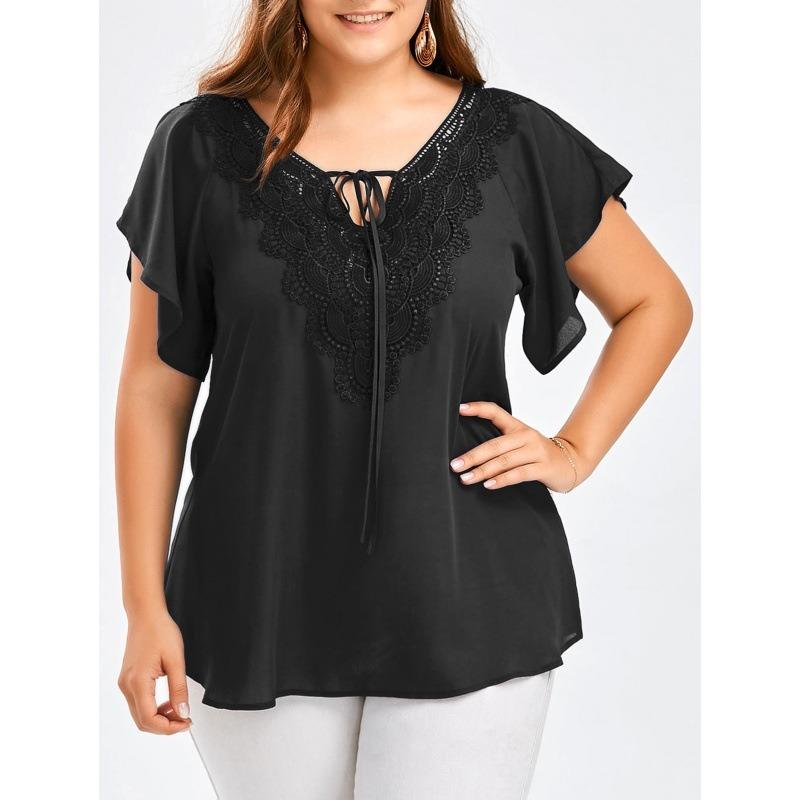 Lace V Neck Loose Women Blouse Large Size Lace-up Short Sleeve Shirts Ladies Solid Color Loose Sweet Office Elegant Fashion Simple Clothing