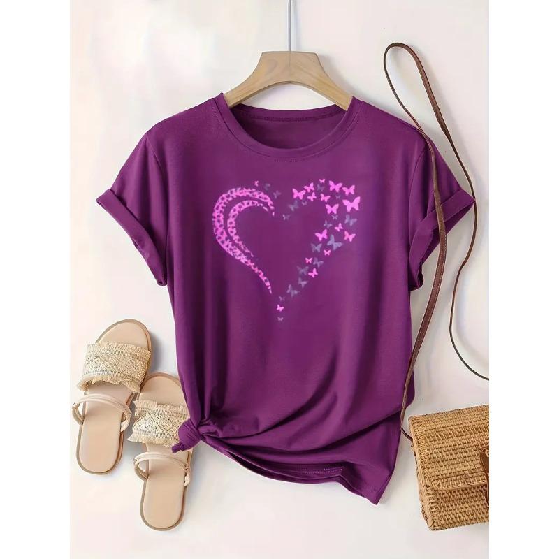 

Летний топ с круглым вырезом и принтом в форме сердца, модная повседневная женская футболка с коротким рукавом из чистого хлопка XXXL фиолетовый