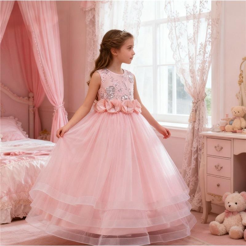 Girls Party Evening Gown: Floral Tulle Ball Gown, Long Children s Christmas Performance Dress 110cm розовый