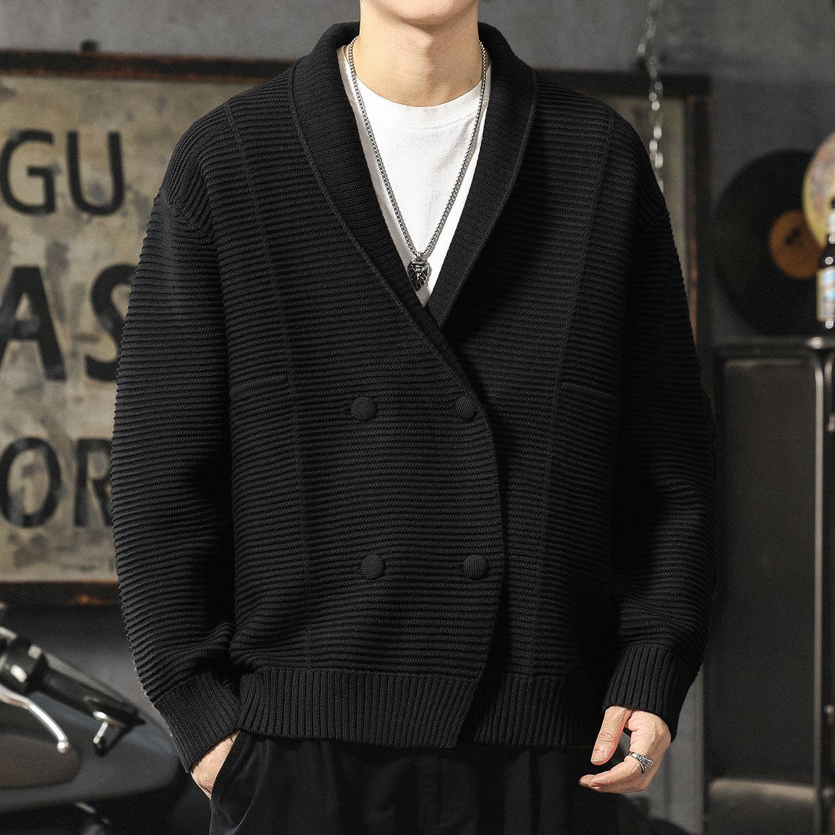 

Men s Luxury Double-Breasted Thick Knit Cardigan - Autumn/Winter Loose Warm Sweater Coat M 100-120 jin чорний