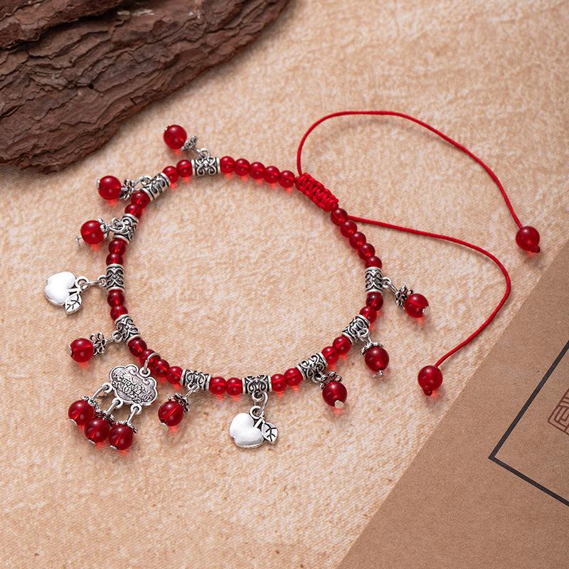 Red String Foot Chain Garnet Foot Accessory Long-life Lock Bell Handcrafted Beaded Accessory