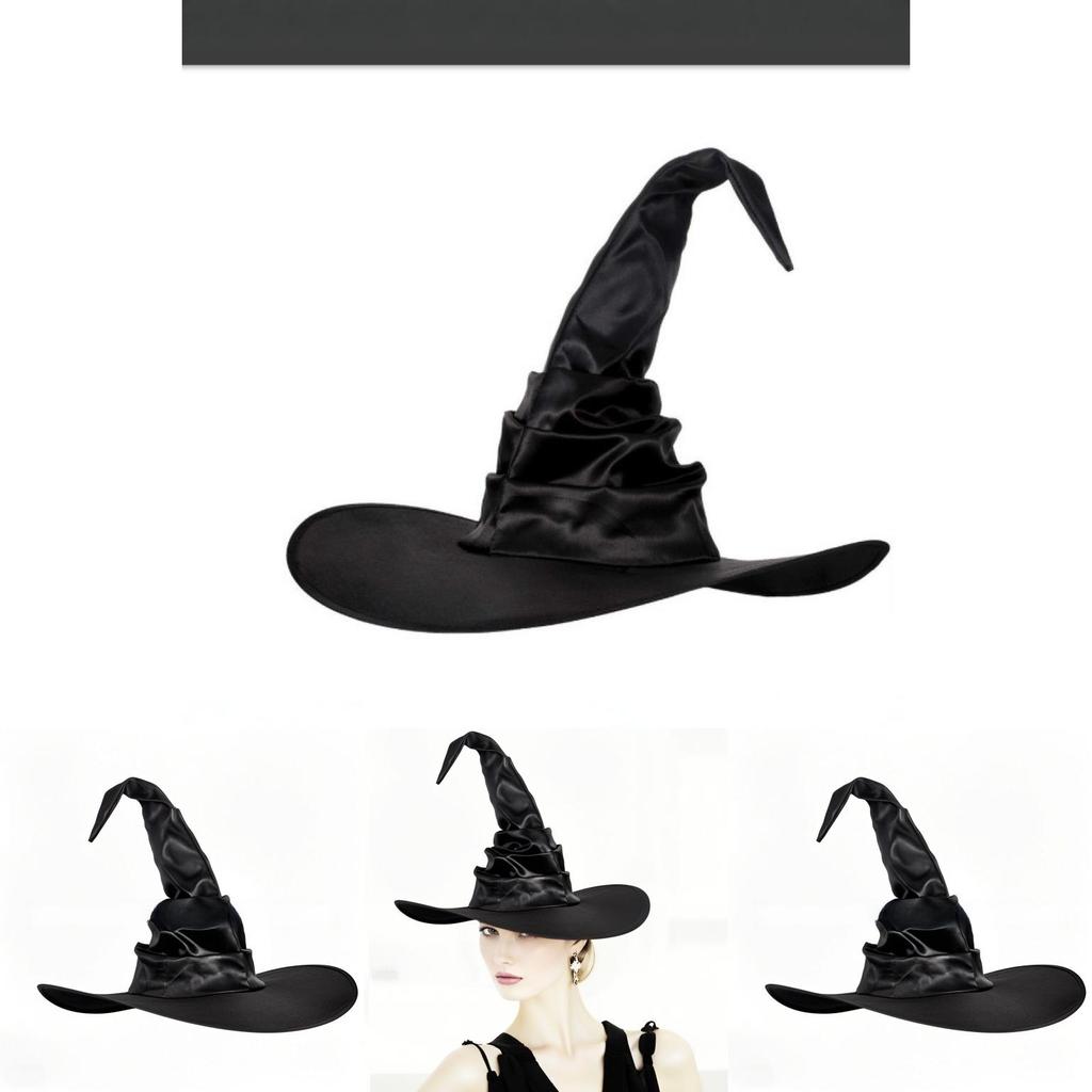 Curled Brim Witch Hat With Fabric Craftwork For Halloween Dress Up Accessories