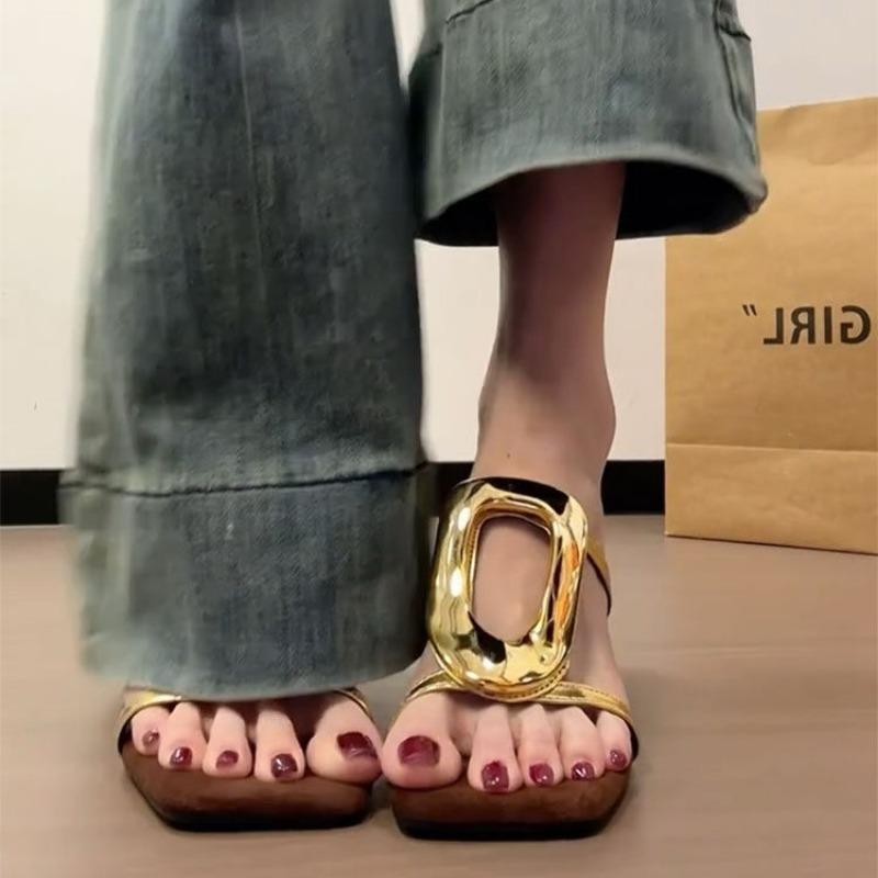 Mode Sommer Neue Sandalen Eckiger Zeh Offene Zehenpartie Metallschnalle Ausschnitt Zum Hineinschlüpfen Verschleißfest Spezielle Form Hausschuhe