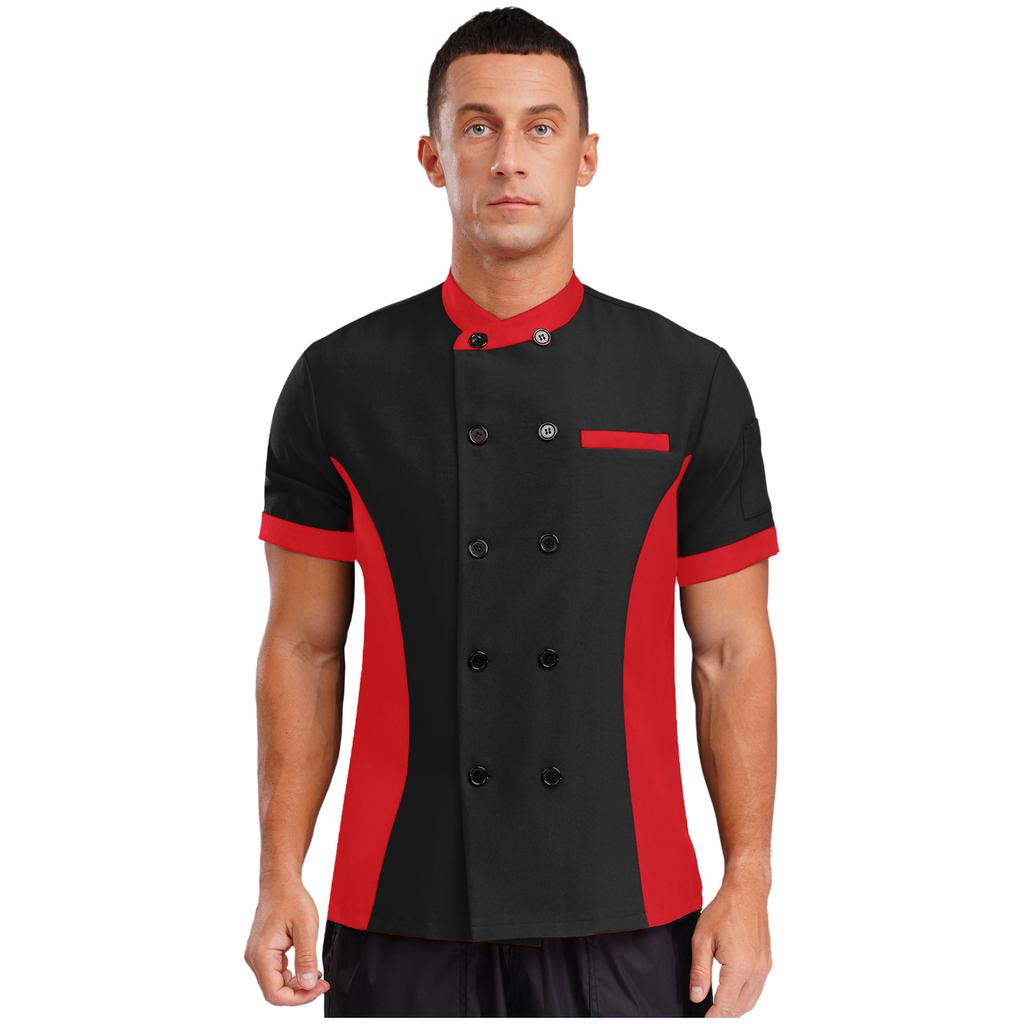 Unisex Kitchen Uniform Short Sleeve Color Block Chef Jacket Cook Coat Men Women Work Top