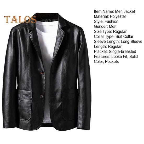 Men Jacket Lapel Long Sleeve Single Breasted Faux Leather Coat with Pockets Loose Fit Solid Color Outwear