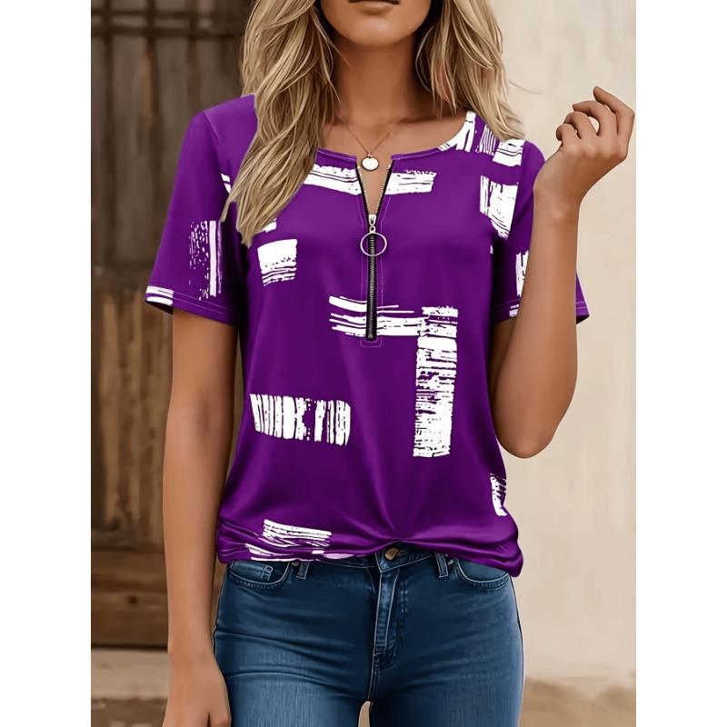 

Directional spring and summer new style elegant and fashionable color block stitching printed zipper casual v-neck short-sleeved women s T-shirt L