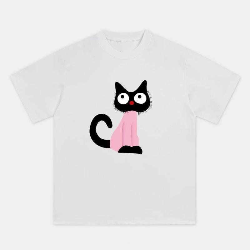 Zazomde Minimalist Cartoon Cat Art Print Tshirt Playful Design Oversized Cotton Tops Street Fashion Unisex Daily Wear Tees