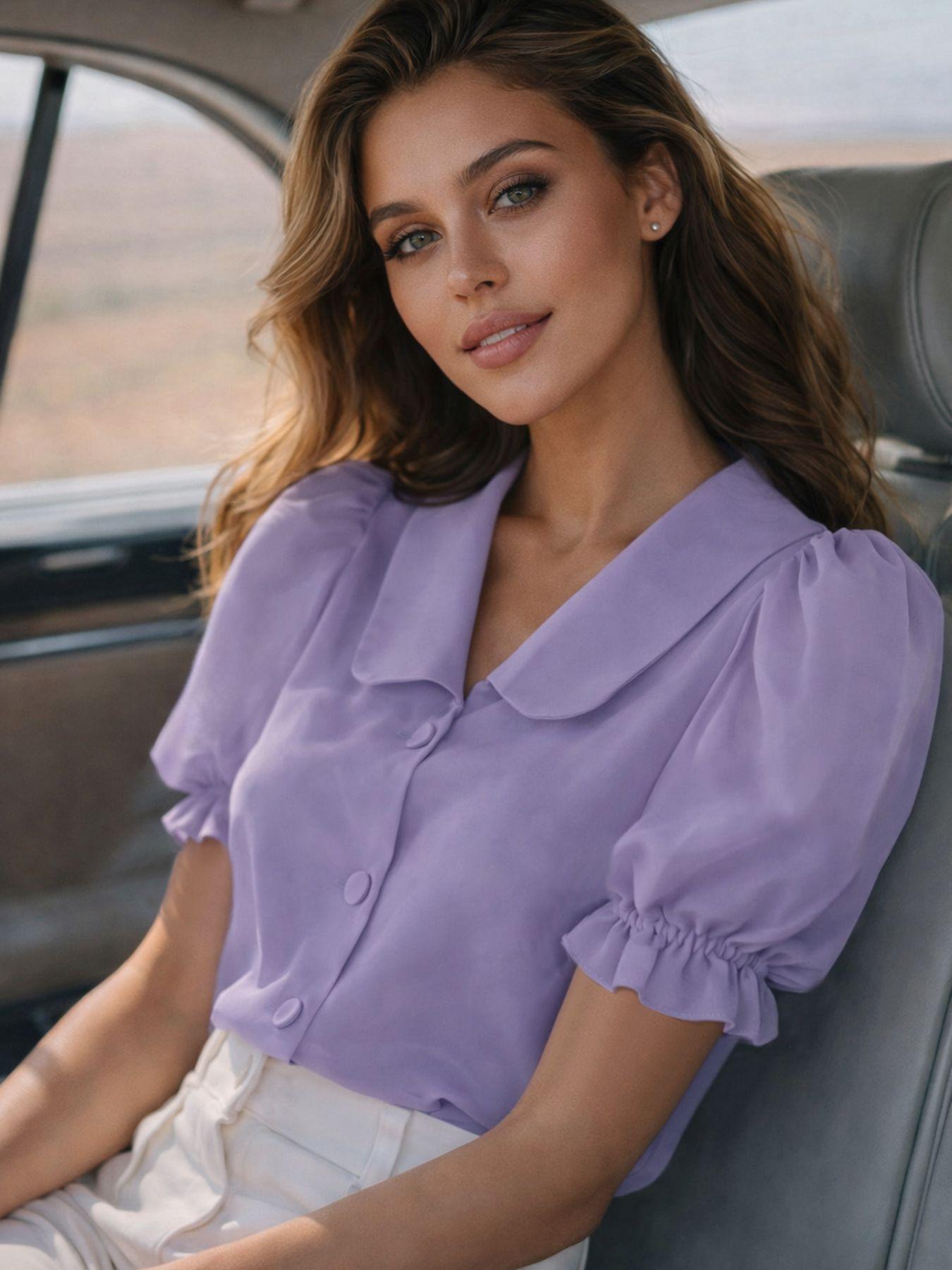 Purple short-sleeve shirt for women, 2026 new summer unique and pretty little shirt, French chic puff-sleeve chiffon top XS фиолетовый