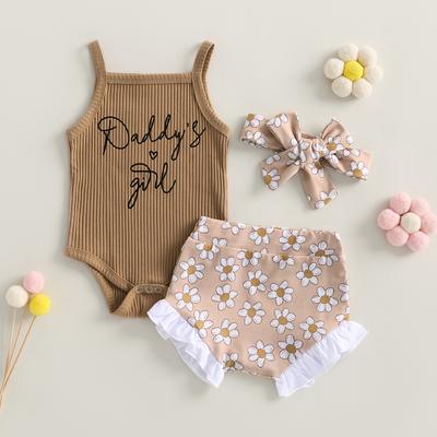 Baby Girl Clothes Suits Letter Print Knit Rib Sleeveless Romper Floral Print Shorts Headband 3Pcs Set