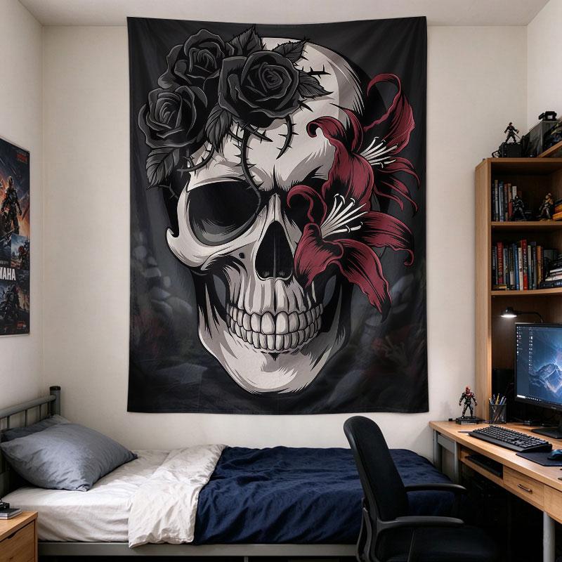 Skull Black Roses Red Lilies Tattoo Goth Illustration Art Print