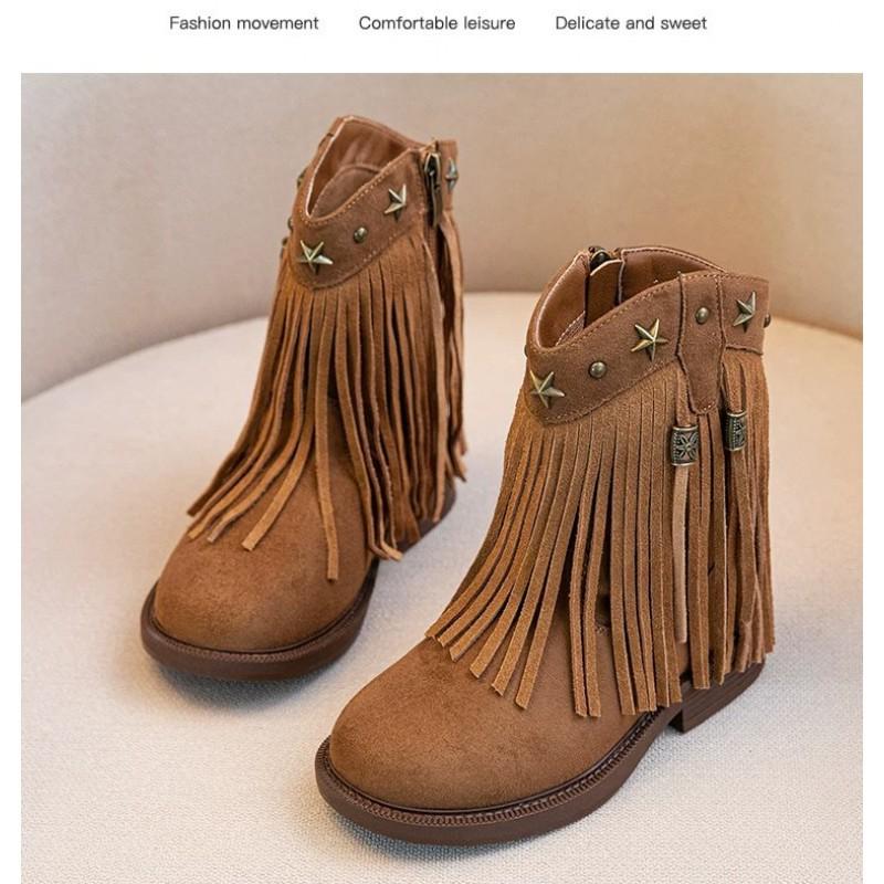 Youth Style Shoes Girls Western Style Ankle Boots Kids Slip-On Fashion With Rubber Sole Fringe Detail
