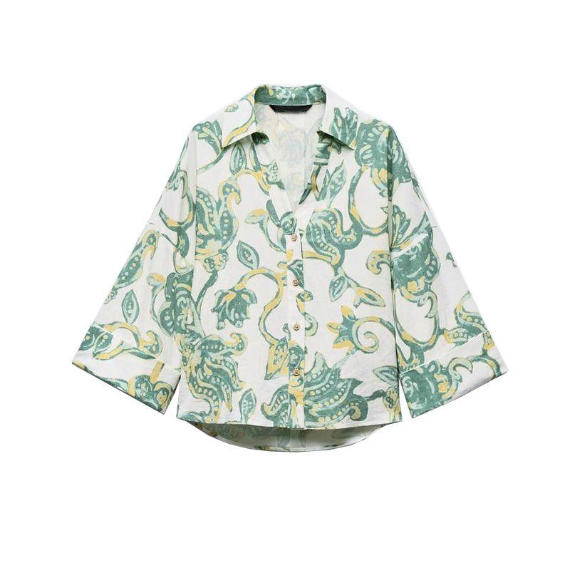 Spring New Women's Clothing French Simplicity Style Light Spring Linen Blended Wide Sleeve Plaid Shirt 2340939