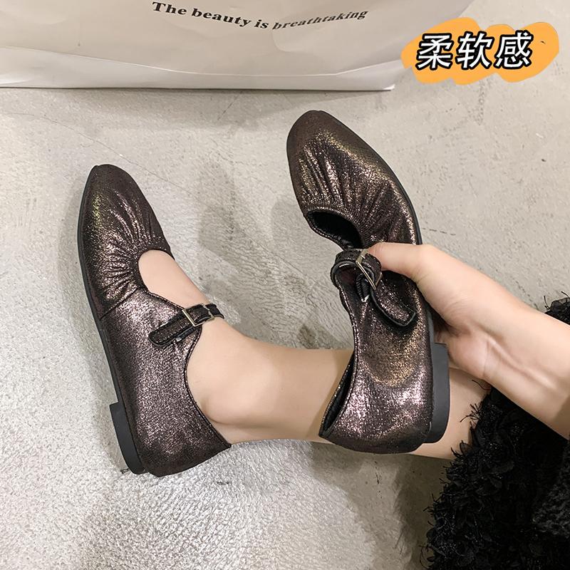 Leather Casual Flats Shoes for Women Spring 2025 Low Heels Shoes Buckle Straps Classic Office Daily Size