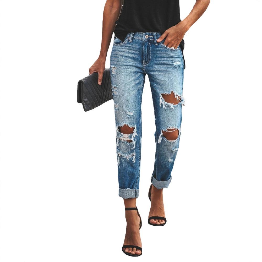 Dámské džínové capri kalhoty s roztřepenými detaily, středním pasem a rovnými nohavicemi, Street Style, vyprané, distressed denim jeans
