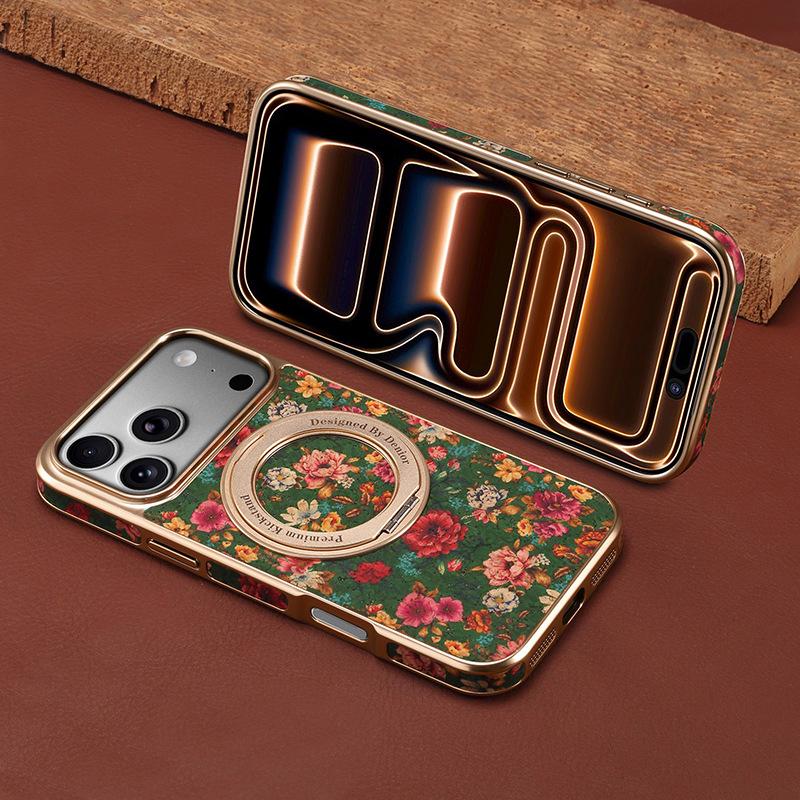 

Denior Leather Anti-Fingerprint Case with Holder for iPhone 17 Pro Max - Apple Flower Language Gear Design 17