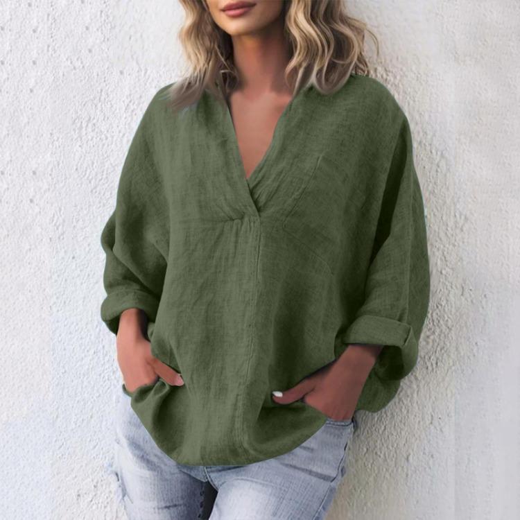 Lässiges Leinen Baumwolle V-Ausschnitt Langarm Pullover Top Damenmode