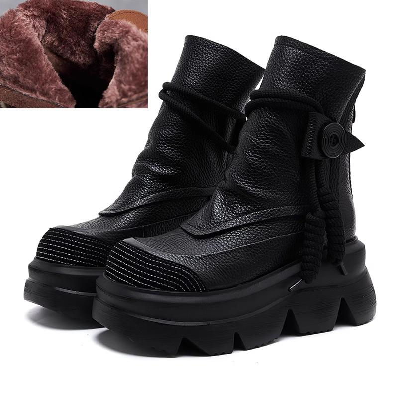 Móda GKTINOO Ručně vyráběné kozačky do půl lýtka Platforma Dámské Pravá kůže Krátké kozačky Kulatá špička Zvyšující výšku Silná podrážka Dámské boty