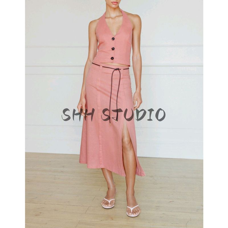 Linen Blend Hanging Collar Top 3207939 8118350 High Waist Skirts 2153939 8116350