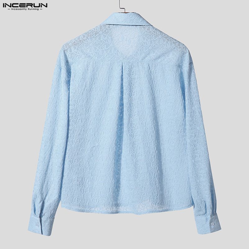INCERUN Men Lapel Neck Long Sleeve Button Up Lace Casual Oversized Shirts Tops