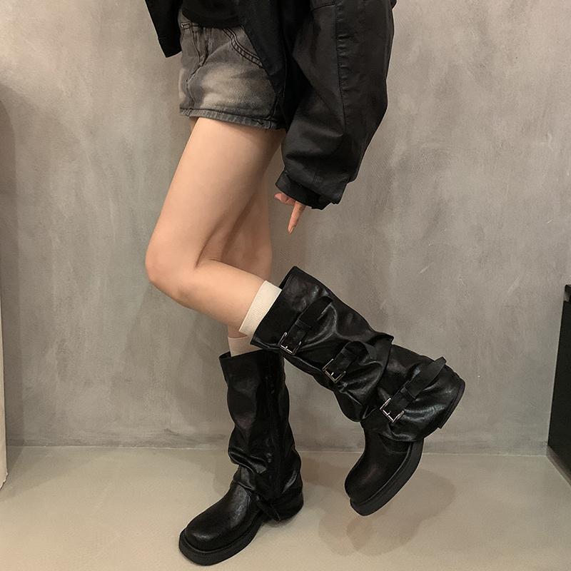 Vintage Women Western Knee High Boots Fashion Belt Buckle Shoes Autumn Winter Laides Concise Mid Calf Botas De Mujer