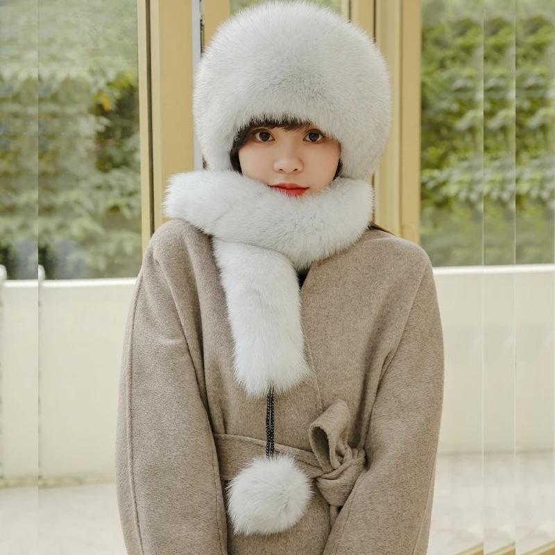 Women real fox fur hat scarf For winter warm top rex rabbit fur hats Lady natural fox fur caps Quality real fox fur scarves