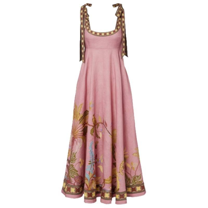 Rochie Maxi cu Bretele Legate la Umeri pentru Femei, Imprimeu Floral, Talie Empire, Rochie de Soare pentru Vacanță de Vară pe Plajă