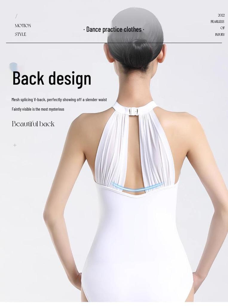 Adult Women's Sleeveless Halterneck Ballet Dance Leotard with Mesh Splice