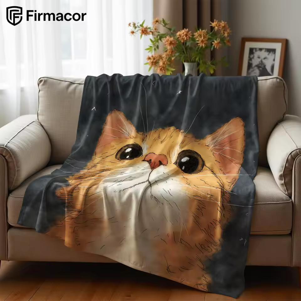 Curious Orange Cat Cartoon Anime Print Flannel Blanket Soft Warm Throw for Kids Bedroom Sofa Bed Christmas Office Car