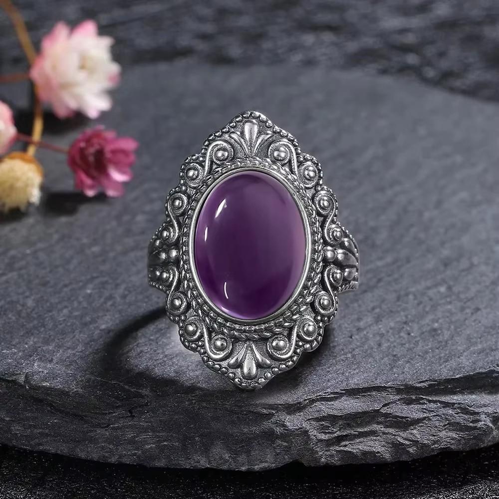 Vintage Silberring Oval Natürlicher Labradorit Ringe Fingerring Retro Schwarzer Onyx Feiner Schmuck Party Für Frauen Männer