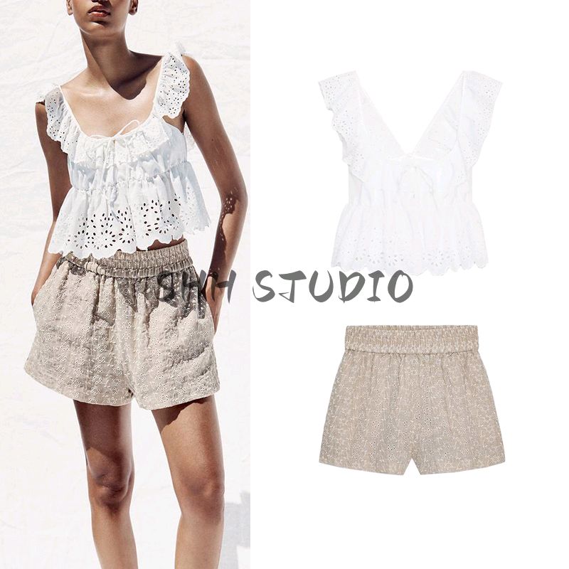 Cut Out Embroider Laminated Decoration Sleeveless Tops 3666099 High Waist A- line Casual Shorts 8073286