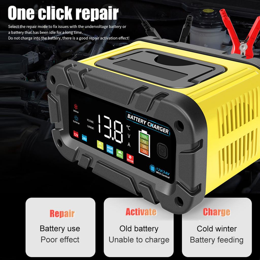 Battery Charger, 12V and 24V Smart Automatic Battery Charger with Large Display Screen, Battery Maintainer for Cars