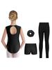 Complete 4Pcs Performance Set for Girls Keyhole Back Rhinestone Leotard with V-front Shorts & Headwear