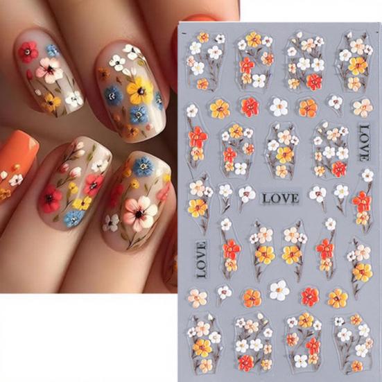 5D Embossed Flower Nail Stickers DIY Spring Summer Colorful Floral Nail Art Self-Adhesive Decals for Women Manicure Decoration