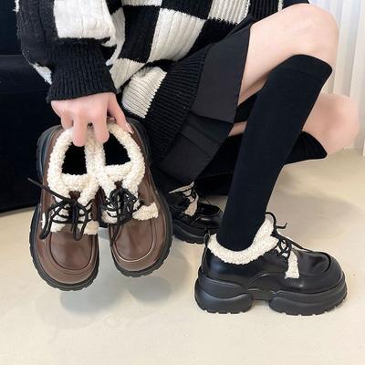 Fleece Single Shoes French Versatile Loafers High Heels British Style Thick Soles Heightening Small Leather Shoes Women's 2025 Autumn and Winter New M