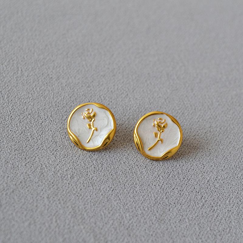 

Niche Retro Gold-Plated Brass & White Enamel Tulip Stud Earrings with 925 Silver Posts