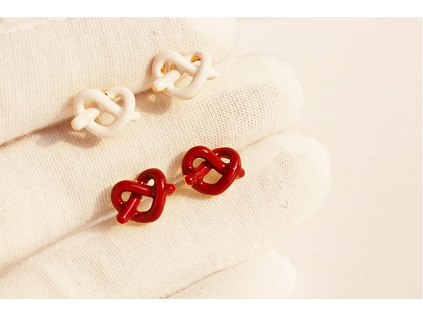 Red Enamel Heart Knot Earrings with White Drip Glaze