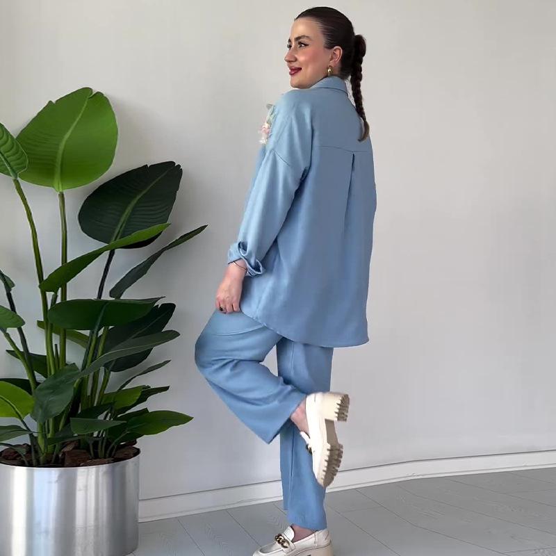 2023 Autumn Women's Solid Color Fashion Applique Shirt and Casual Pants Set