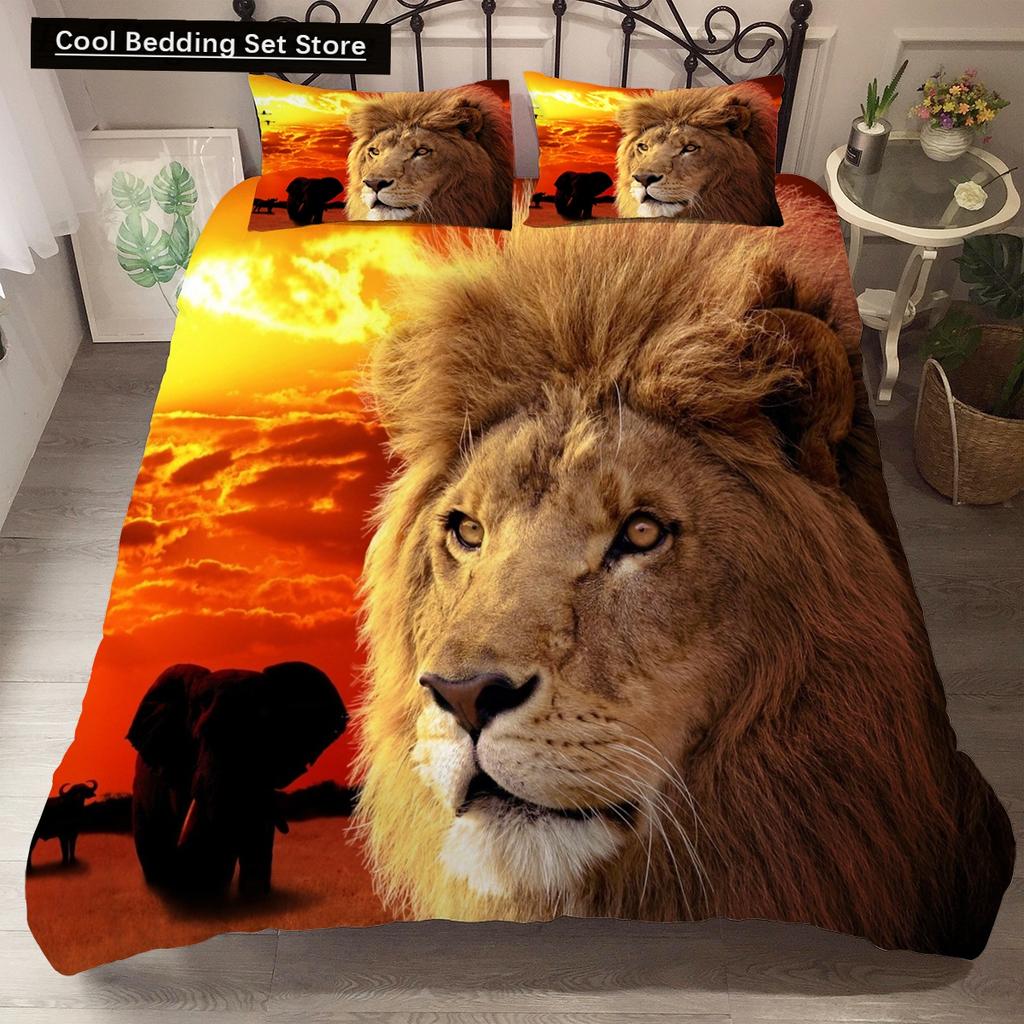 Comforter Lion Tiger King Queen Lovely Wild Animals Bedding Set For Kids Teens Adults Wildlife Grey Black 2/3Pcs