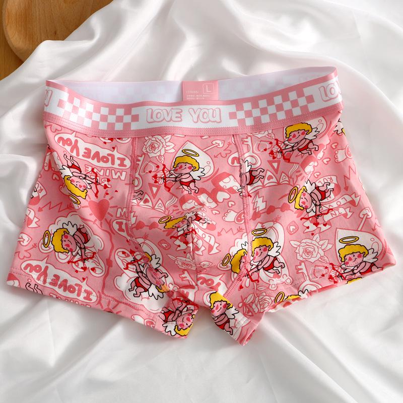 Men's Pink Cartoon Print Cotton Boxer Briefs - Mid-Waist, Breathable and Trendy