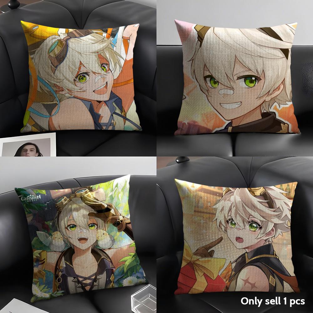 Bennett Genshin Impact Cute Cushion Cover Natural Linen Organic Fabric Double-Sided Printing Sofa Home Decor Gift Pillow Case